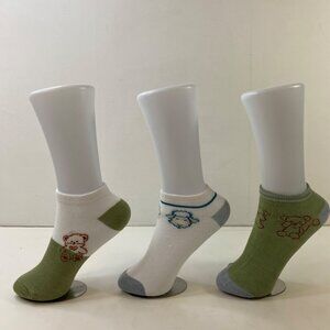 Womens Ankle Socks Set 3 Teddy Bear Sheep Print Green White Blue